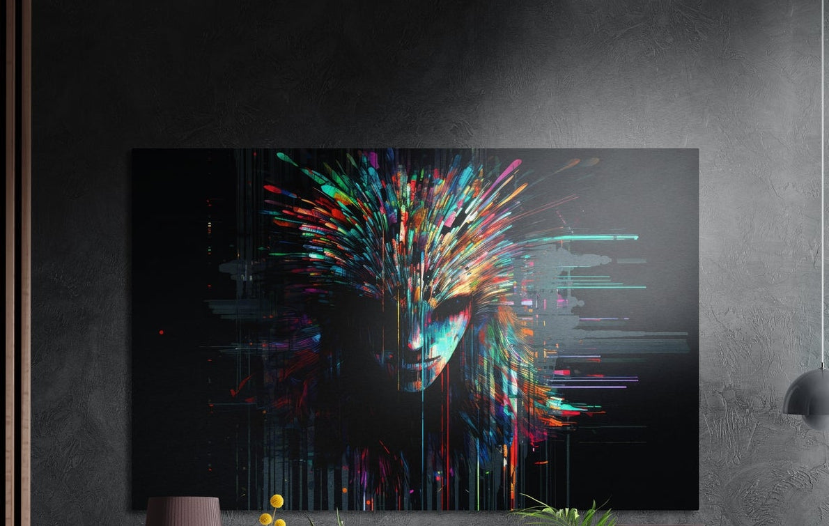 Woman's face in colorful glitch streaks, brushed aluminum wall art on a dark gray wall above a vase and yellow flowers