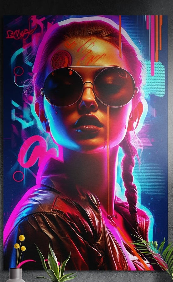 Woman with a braid and round dark shades in pink and blue neon light, brushed aluminum wall art above plants