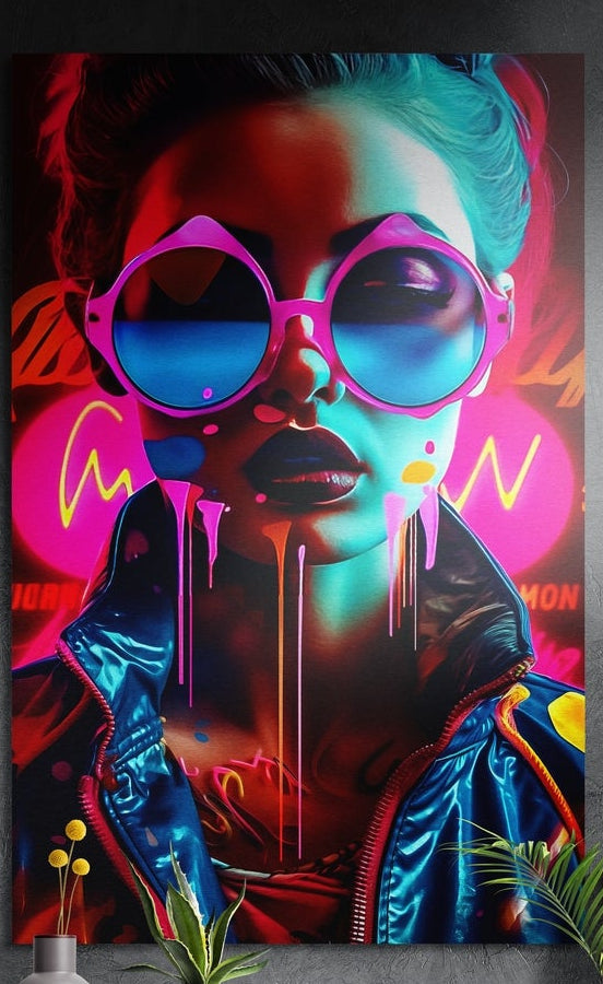 Neon pink sunglasses woman pop art brushed aluminum wall art on a dark wall above yellow flowers and green plants