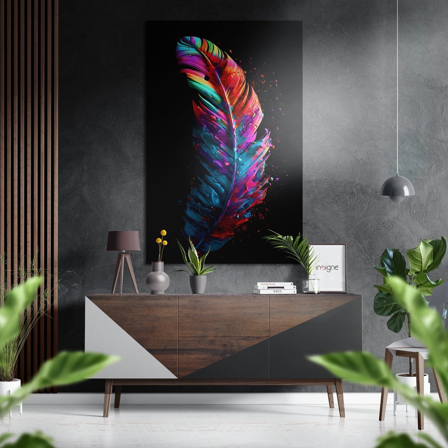 Feather metal wall art on brushed aluminum dibond