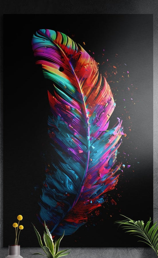 Rainbow feather on black brushed aluminum wall art on a gray wall above yellow flowers and plants