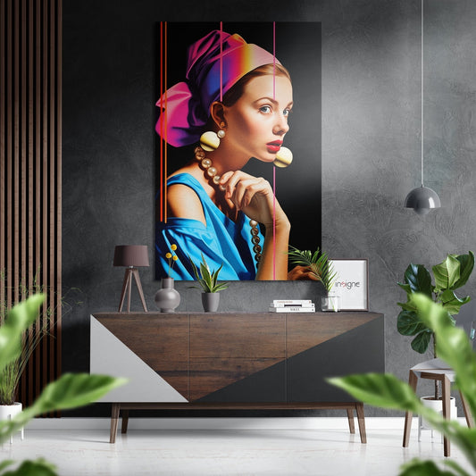 Girl With A Pearl Earring Neon Pink Turban Metal Wall Art