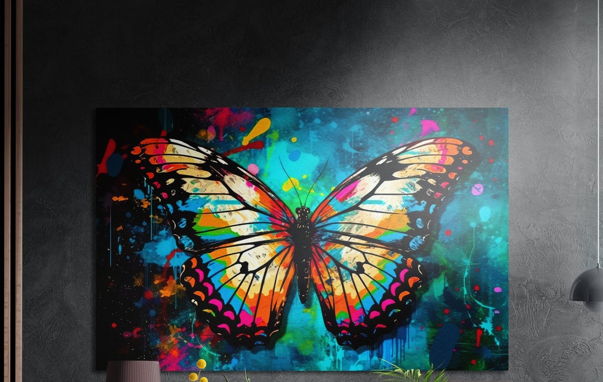Bright butterfly over teal and black paint splatter brushed aluminum wall art on a dark gray wall above plants