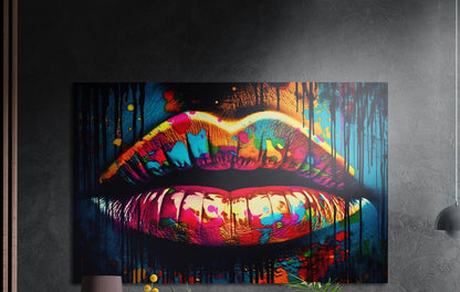 Rainbow drip lips pop art brushed aluminum wall art on a dark textured wall above a lamp, yellow flowers and plants