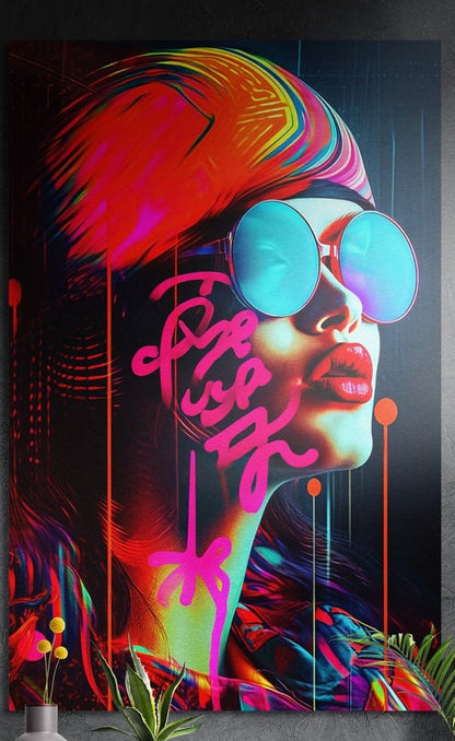 Woman with neon rainbow hair and round blue shades, brushed aluminum wall art on a dark wall above plants