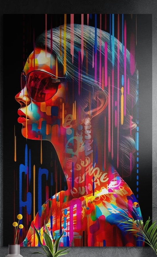 Side profile of a woman in red shades with rainbow streaks on black, brushed aluminum wall art above plants