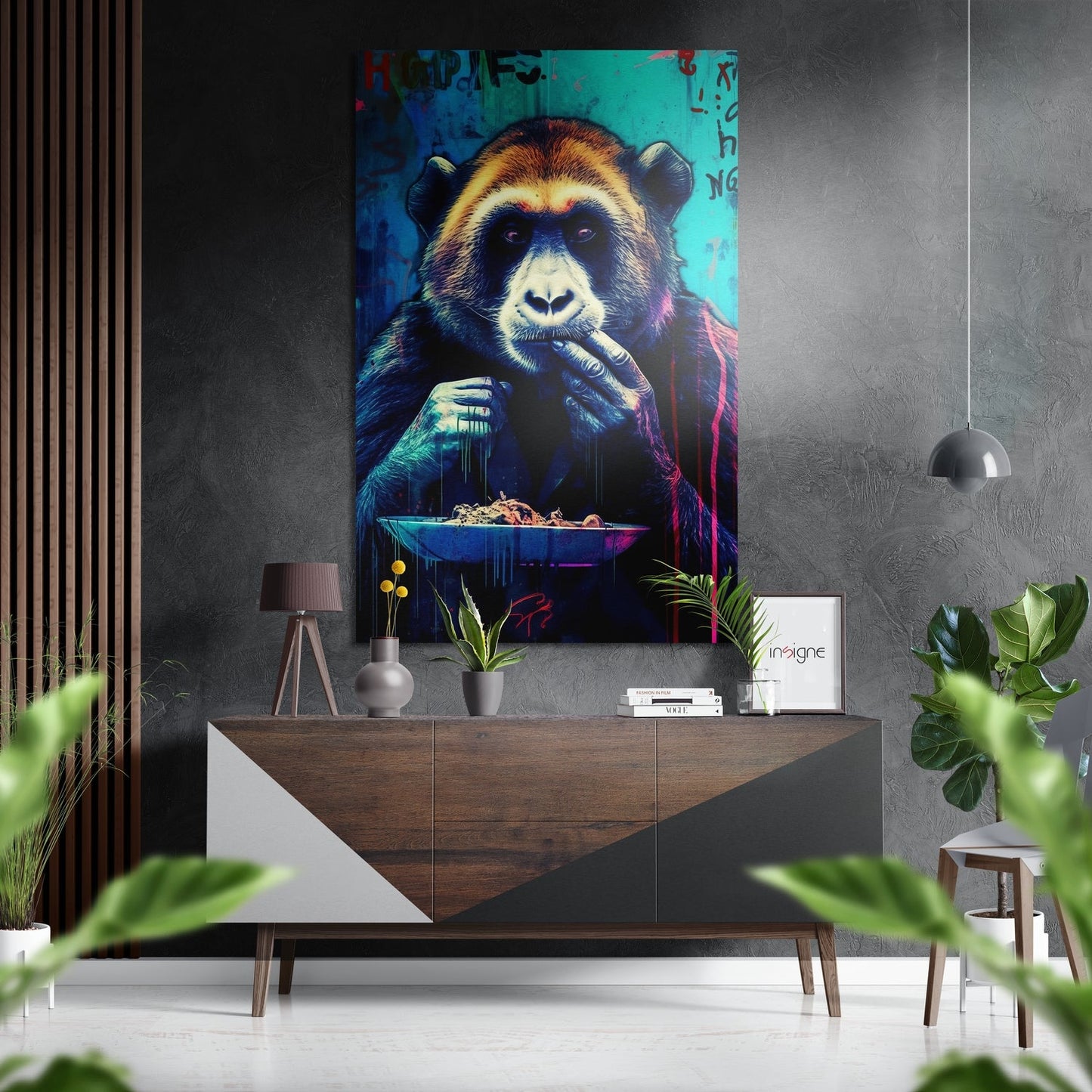 Neon ape eating noodles graffiti metal wall art