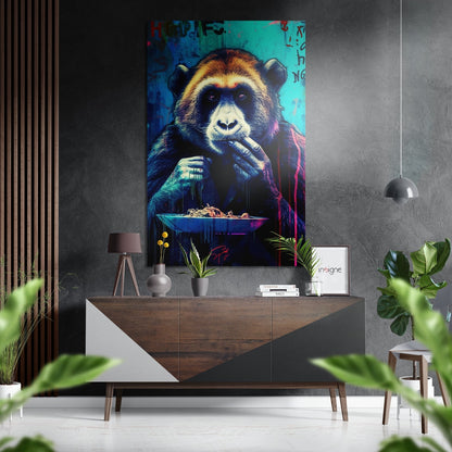 Neon ape eating noodles graffiti metal wall art