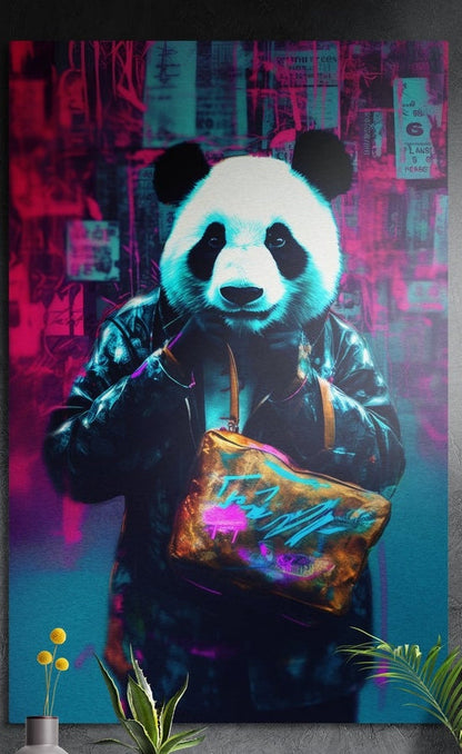 Neon street panda with a gold bag brushed aluminum wall art on a dark wall behind yellow flowers and green plants