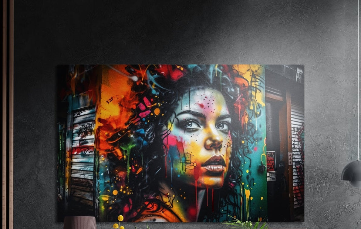 Graffiti mural woman portrait brushed aluminum wall art on a dark textured wall, a lamp and plant tops below