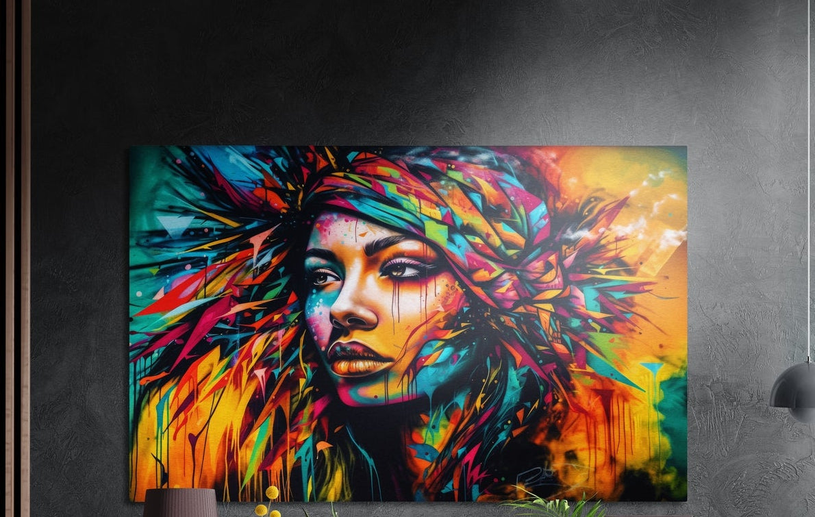 Woman with feathered rainbow hair in orange, teal and pink strokes, brushed aluminum wall art on a dark wall