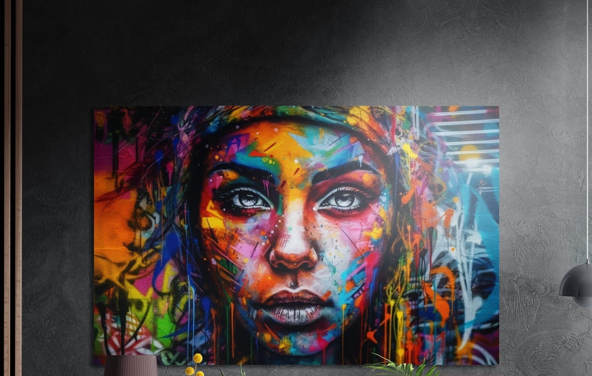 Woman's face in rainbow paint splashes, brushed aluminum wall art on a dark textured wall beside wood slats