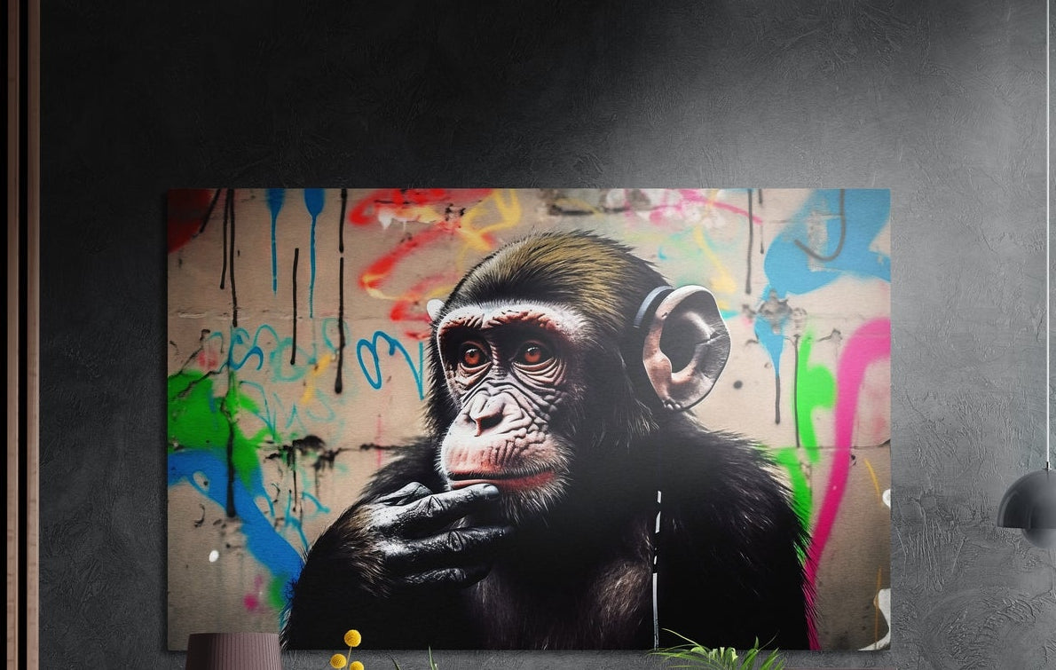 Chimp in headphones brushed aluminum wall art on a dark wall above yellow flowers and plants