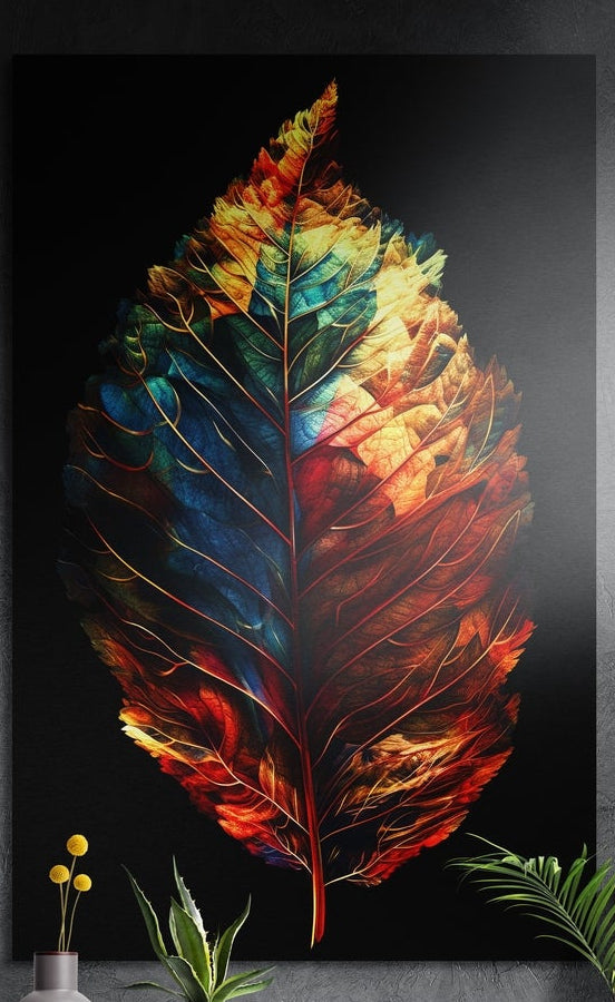 Single large leaf in fiery red, orange, gold and teal on a black background, brushed aluminum wall art above potted plants