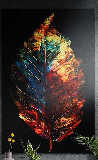 Single large leaf in fiery red, orange, gold and teal on a black background, brushed aluminum wall art above potted plants