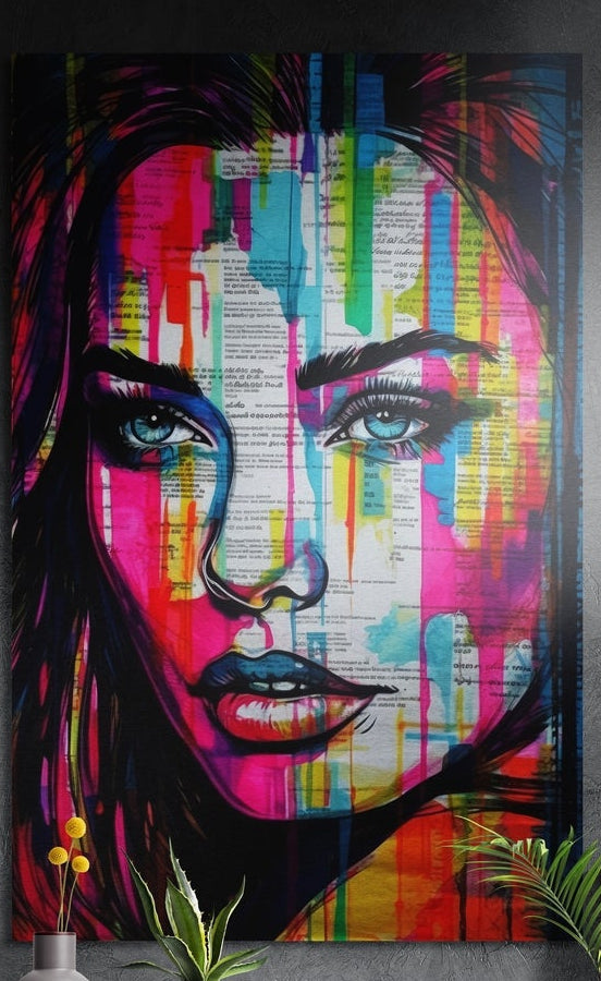 Woman's face over a newsprint texture with rainbow paint drips and blue eyes, brushed aluminum wall art above plants