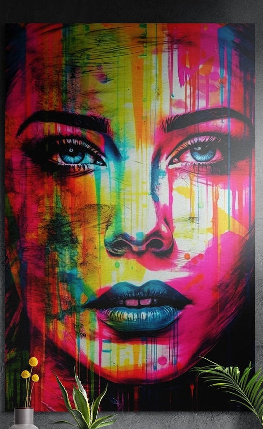 Rainbow drip woman face brushed aluminum wall art on a dark textured wall above a vase of yellow flowers and green plants