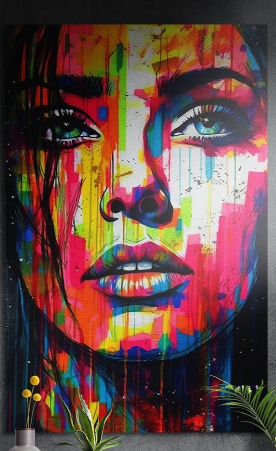 Woman's face made of rainbow paint drips with green eyes, brushed aluminum wall art on a dark wall above plants