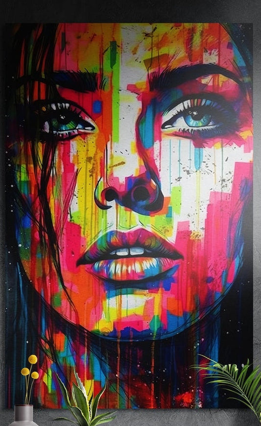 Woman's face made of rainbow paint drips with green eyes, brushed aluminum wall art on a dark wall above plants