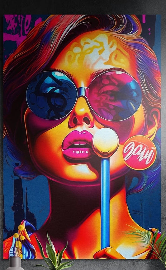 Pop art woman in dark round sunglasses with a white lollipop and copper hair, brushed aluminum wall art above plants