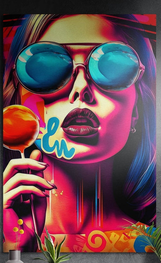 Pop art woman in teal round sunglasses holding an orange lollipop, brushed aluminum wall art on a dark wall above plants