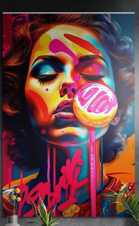 Pop art woman with eyes closed holding a pink swirl lollipop, magenta graffiti below, brushed aluminum wall art above plants