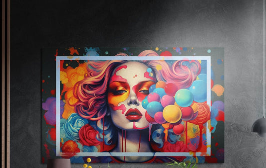 Pop art woman with pink hair, bold makeup, colorful balloons and red roses, brushed aluminum wall art above a sideboard