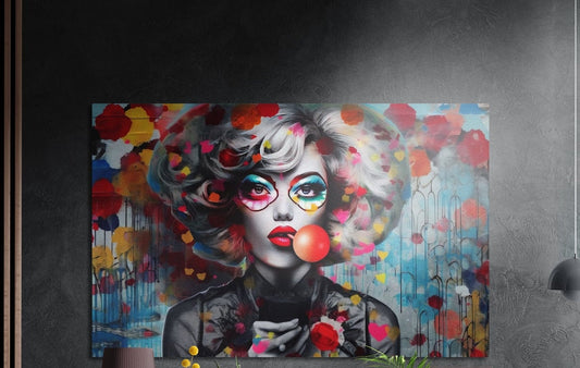 Bubblegum pop art woman in heart eyewear brushed aluminum wall art on a dark gray textured wall with plants below