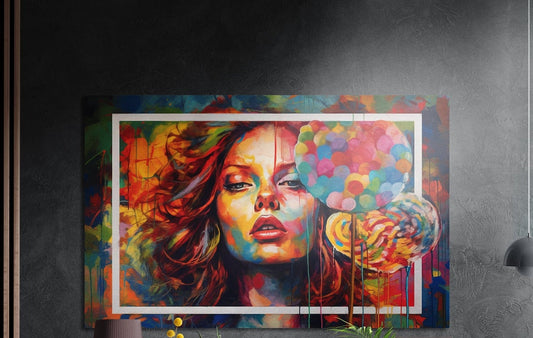 Auburn hair woman with candy pop art brushed aluminum wall art on a dark gray textured wall with plants below