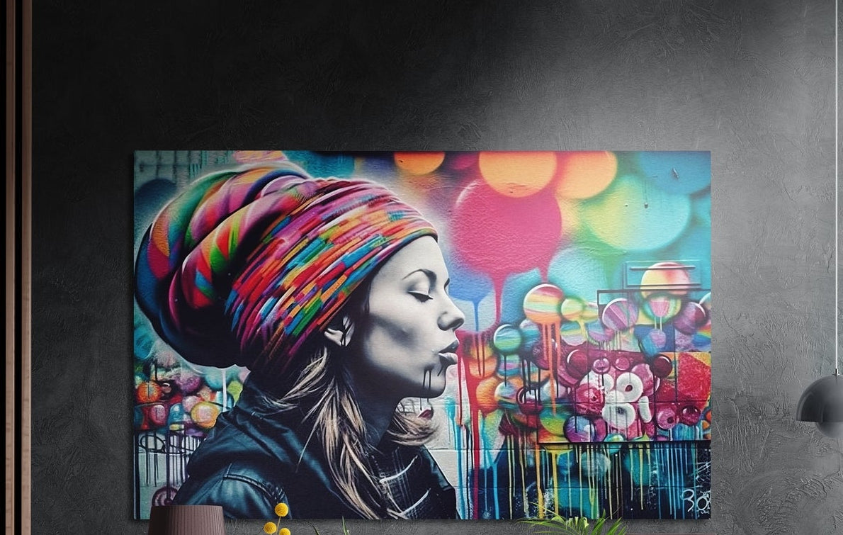 Woman in a rainbow knit beanie in profile before a colorful bubble graffiti mural, brushed aluminum wall art beside a lamp