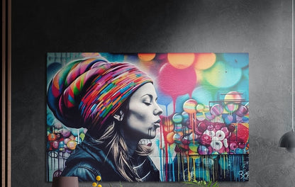 Woman in a rainbow knit beanie in profile before a colorful bubble graffiti mural, brushed aluminum wall art beside a lamp