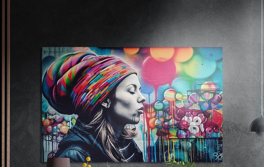 Woman in a rainbow knit beanie in profile before a colorful bubble graffiti mural, brushed aluminum wall art beside a lamp