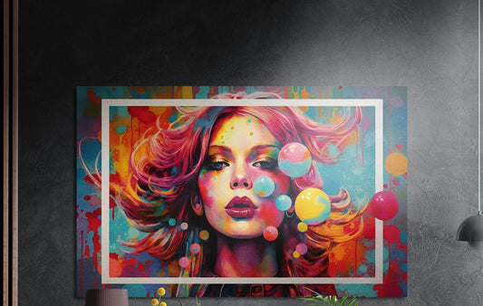 Woman with flowing pink hair and floating colorful bubbles inside a white border, brushed aluminum wall art beside a lamp