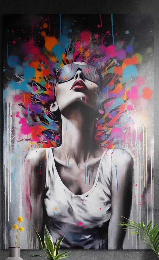 Woman in a white tank top with head tipped back as colorful paint bursts from her hair, brushed aluminum wall art