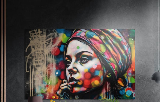 Street-style portrait of a woman in a dotted turban among colorful bokeh dots and spray scribbles, brushed aluminum wall art