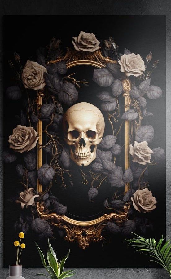 Skull in a gilded oval with dark roses brushed aluminum wall art on a dark gray wall with plants at its lower corners