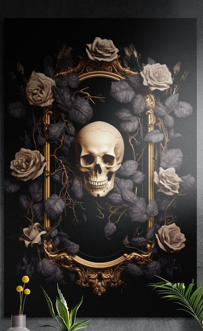 Skull in a gilded oval with dark roses brushed aluminum wall art on a dark gray wall with plants at its lower corners