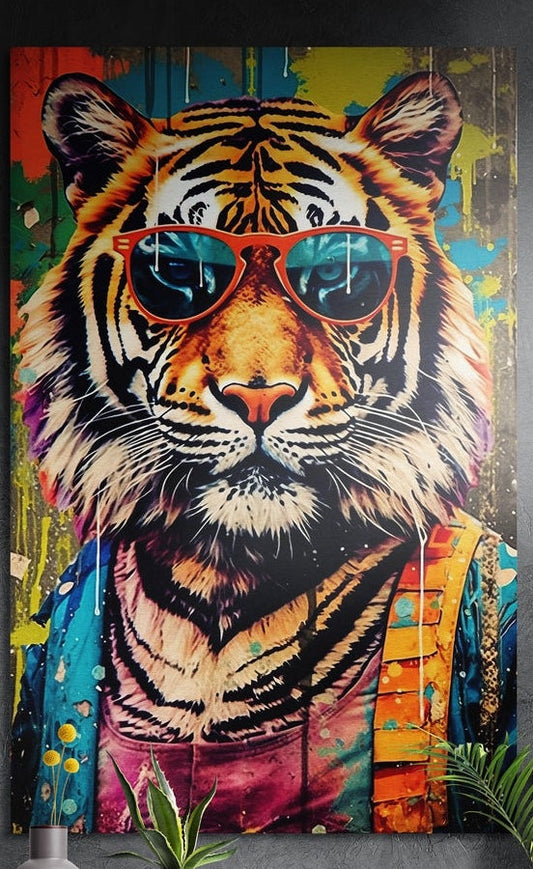 Tiger in teal sunglasses brushed aluminum wall art on a dark wall above yellow flowers and plants