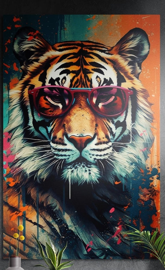 Pop art tiger in red sunglasses with paint splatter brushed aluminum wall art on a dark wall with leaves in front