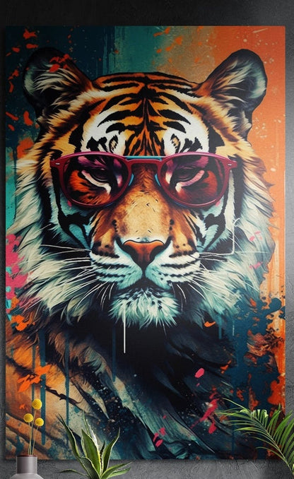 Pop art tiger in red sunglasses with paint splatter brushed aluminum wall art on a dark wall with leaves in front