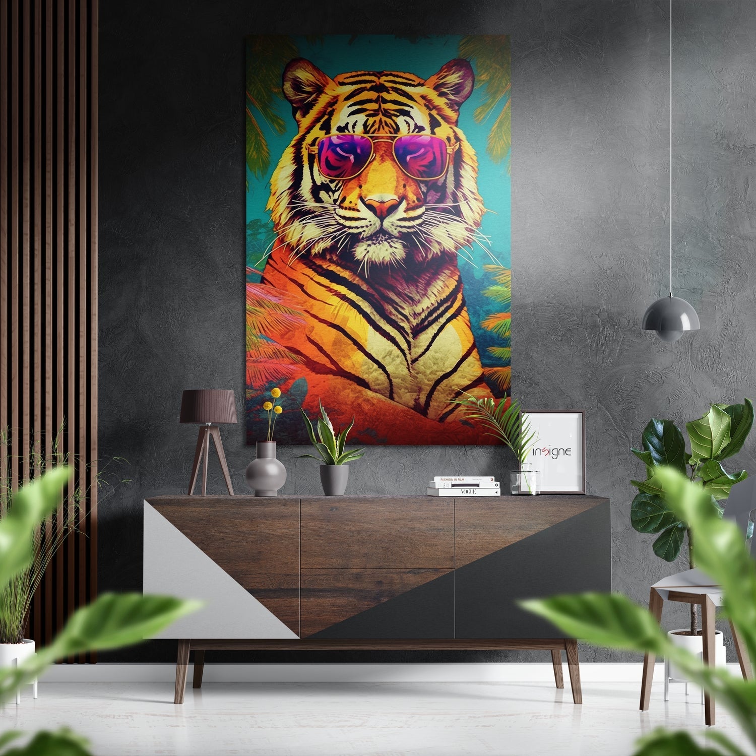 Spectacled Tiger metal wall art print on brushed aluminum Dibond panel