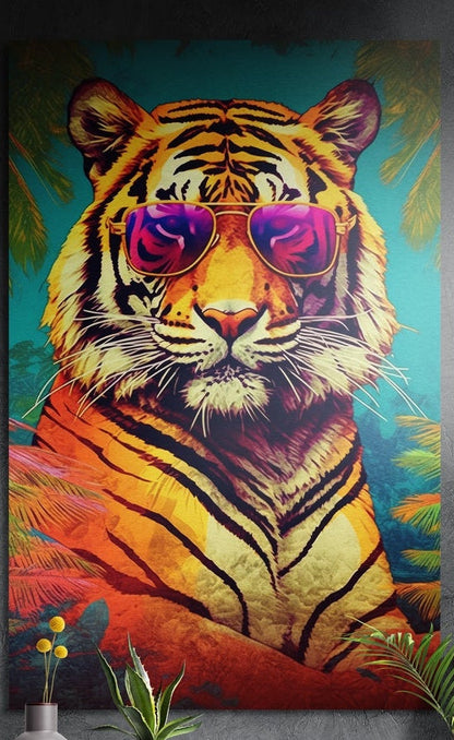 Pop art tiger in pink aviators with tropical palms brushed aluminum wall art on a dark wall with leaves in front