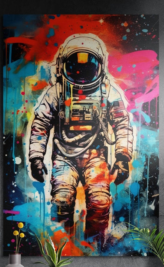 Astronaut in a white suit covered in teal, red and pink paint splatter, brushed aluminum wall art above potted plants