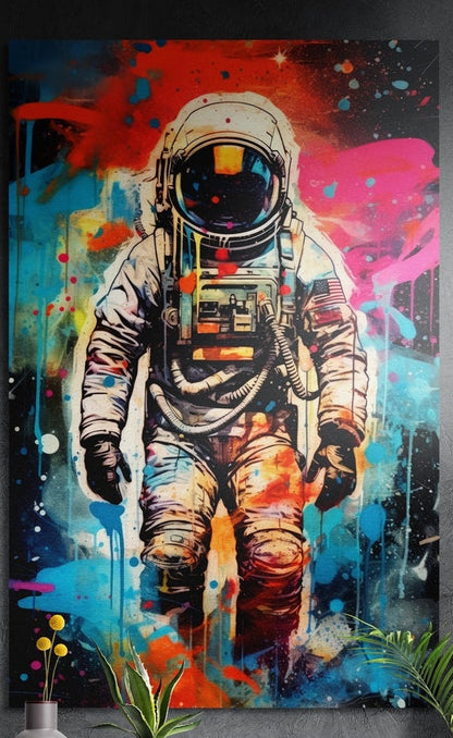 Astronaut in a white suit covered in teal, red and pink paint splatter, brushed aluminum wall art above potted plants