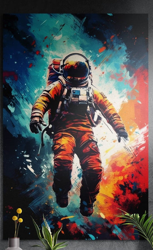 Floating astronaut in an orange suit brushed aluminum wall art on a dark textured wall above a vase of yellow flowers