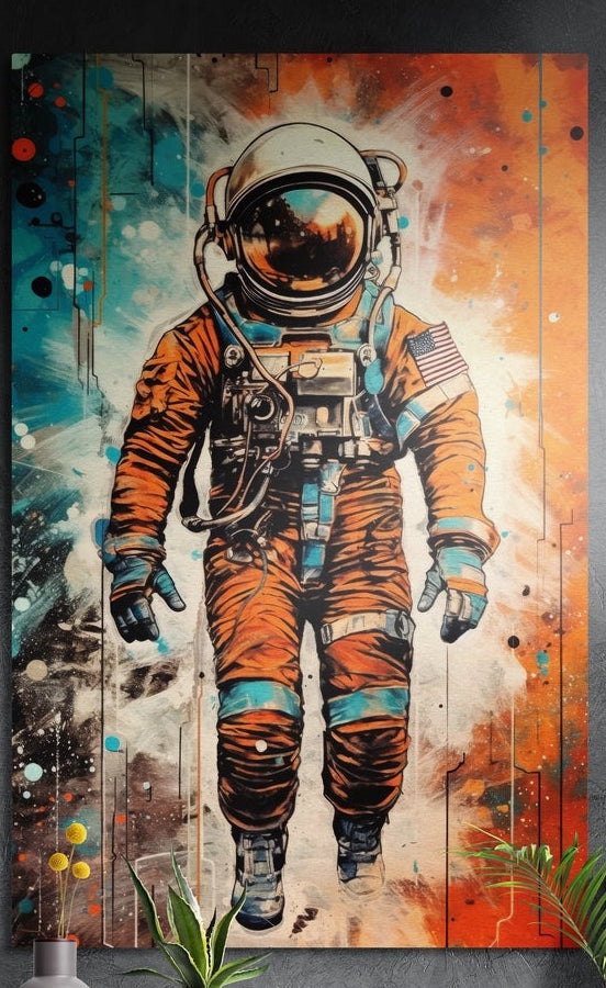 Orange suit astronaut with paint drips brushed aluminum wall art on a dark textured wall above a vase of yellow flowers