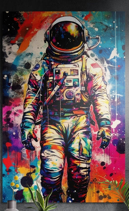 Rainbow splash astronaut with a galaxy visor brushed aluminum wall art on a dark textured wall above a vase of yellow flowers