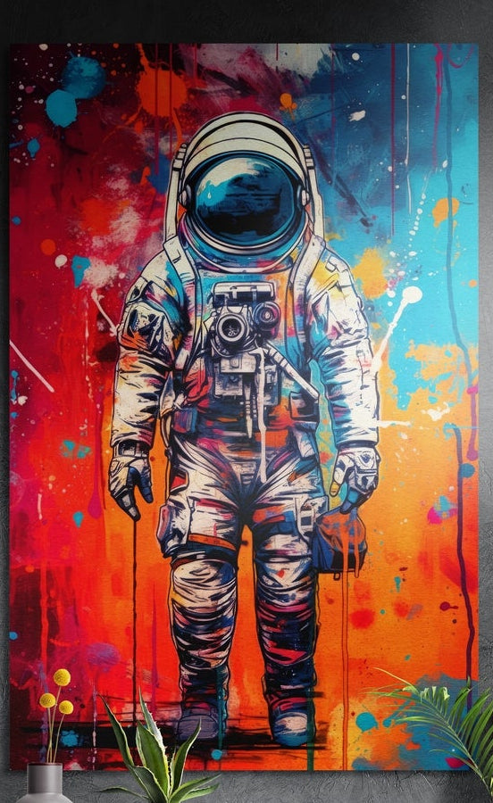 Red and blue spray paint astronaut brushed aluminum wall art on a dark textured wall above a vase of yellow flowers