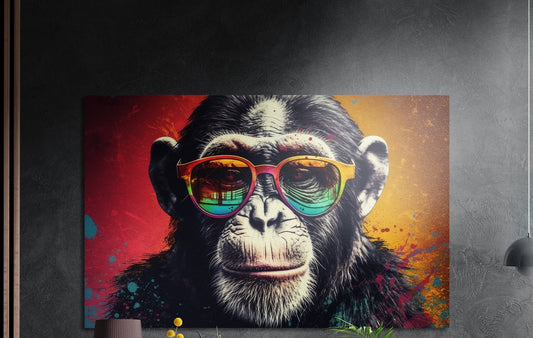 Pop art chimp in rainbow lens sunglasses brushed aluminum wall art on a dark textured wall with plant tips below