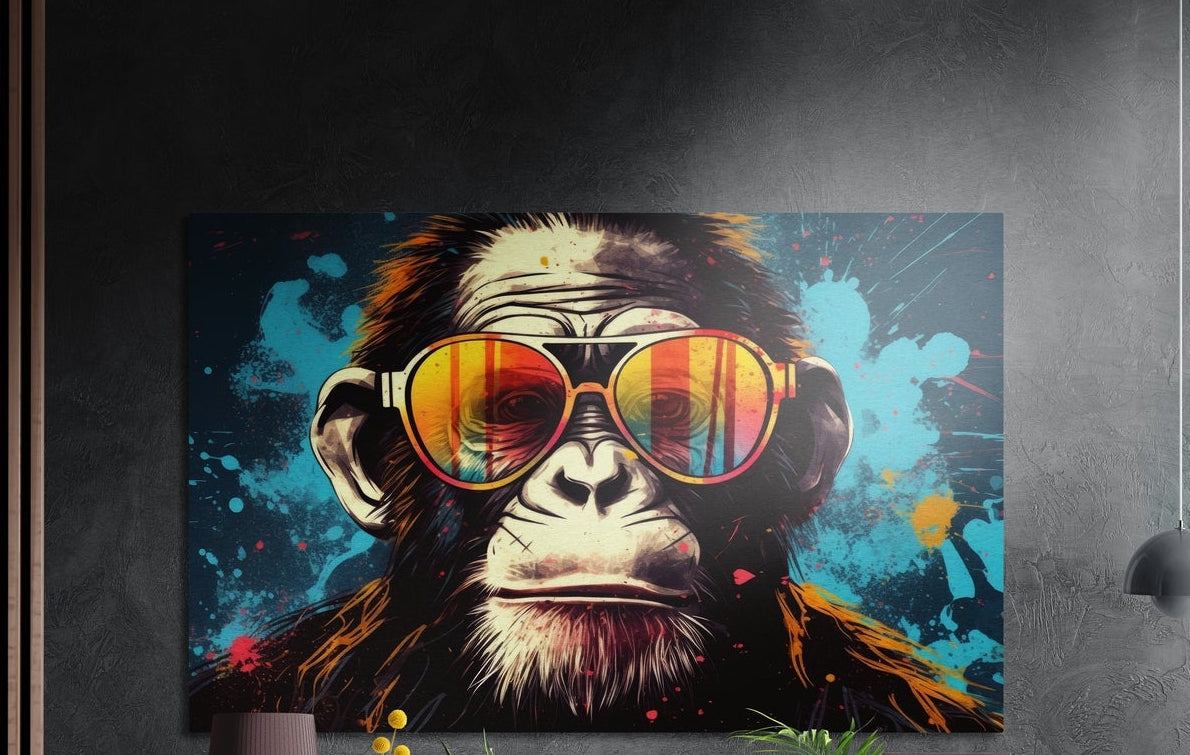 Pop art chimp in striped aviator sunglasses brushed aluminum wall art on a dark textured wall with plant tips below
